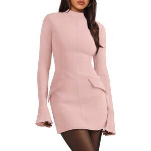 Women's Fall Long Sleeve Mock Neck Dress Basic Party Bodycon Mini Dress Pink